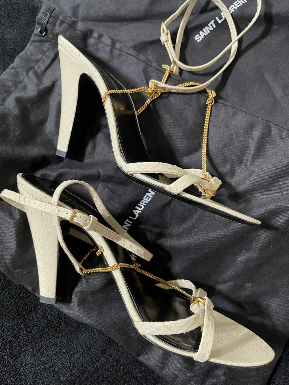 Saint Laurent Cream Leather Chain-Detail Strappy Heels - Picture 2 of 10